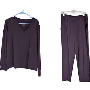 AnyBody Lounge Set Womens Medium Purple French Terry V-Neck Top Pants A702390
